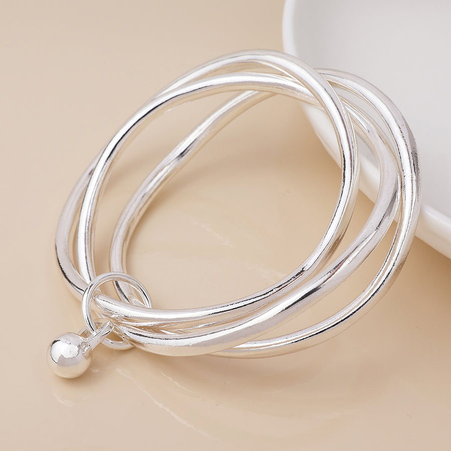 Silver Plated Triple Bangle Stack with Ball Charm