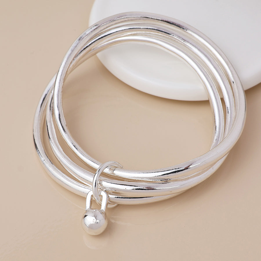 Silver Plated Triple Bangle Stack with Ball Charm