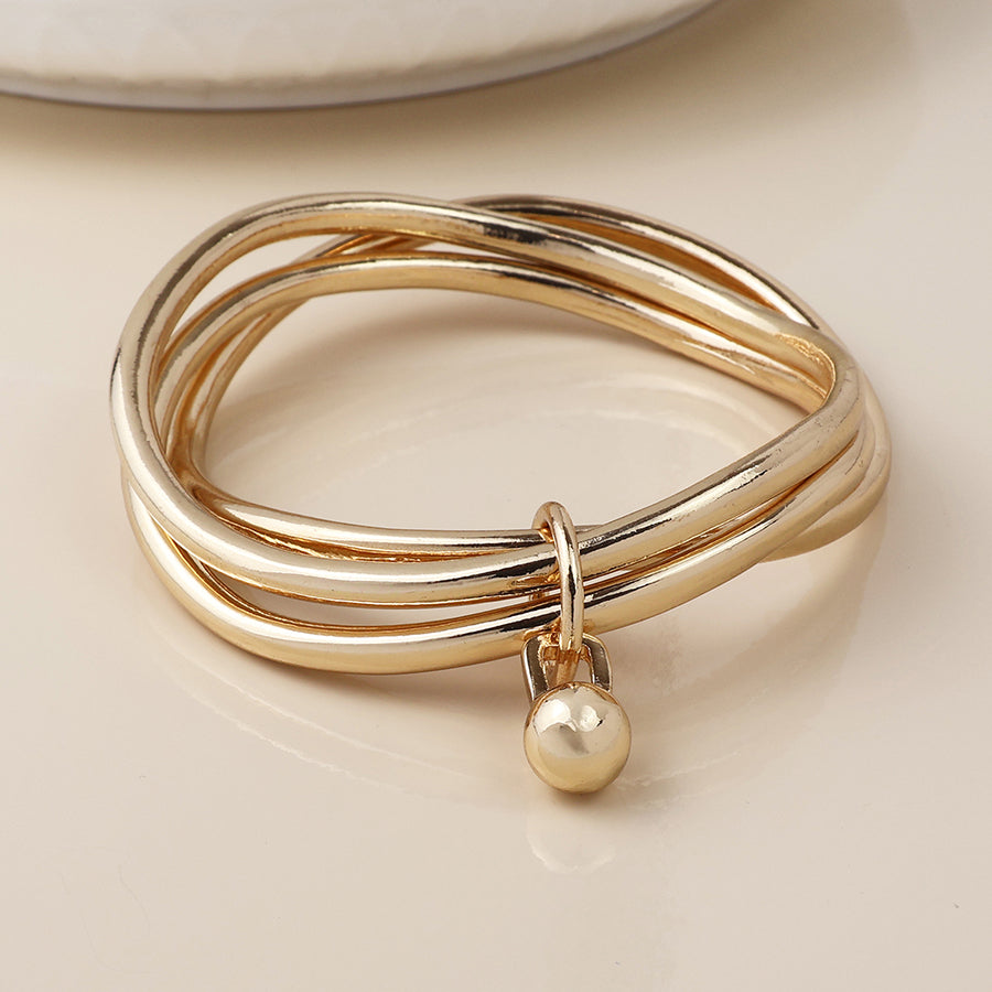 Faux Gold Plated Triple Bangle Stack with Ball Charm