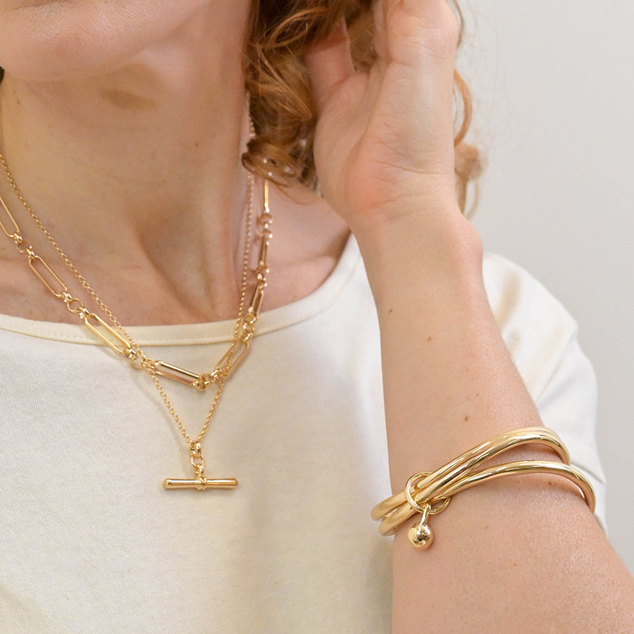 Faux Gold Plated Triple Bangle Stack with Ball Charm