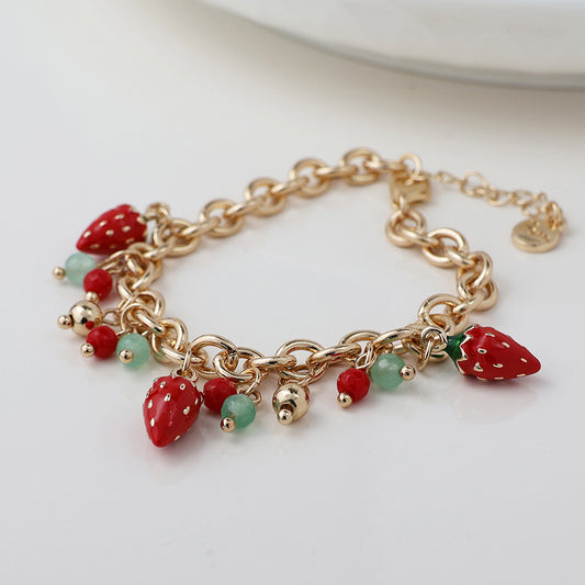 Faux Gold Chain Bracelet with Strawberry Enamel Charms