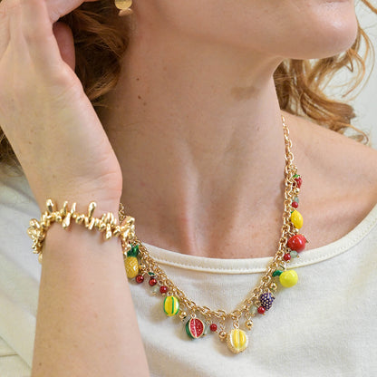 Faux Gold Necklace with Enamel Mixed Fruit Charms