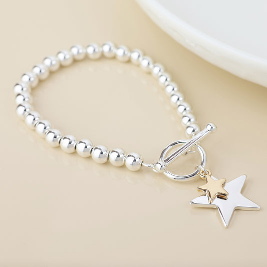 Silver Plated T-Bar Beaded Bracelet with Gold Small Star/Silver Star Charms