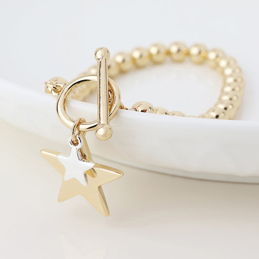 Faux Gold Plated Beaded T-Bar Bracelet with Silver Plated Small Star/Gold Star Charms