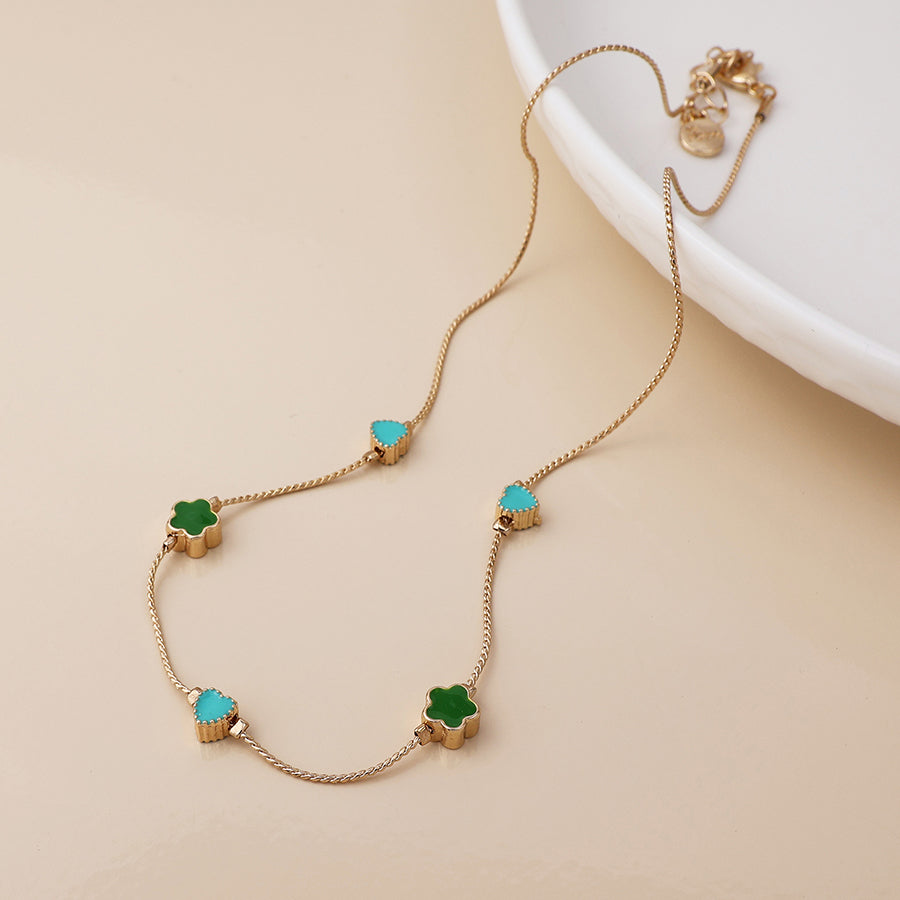 Faux Gold Green Mix Flowers Dainty Station Necklace