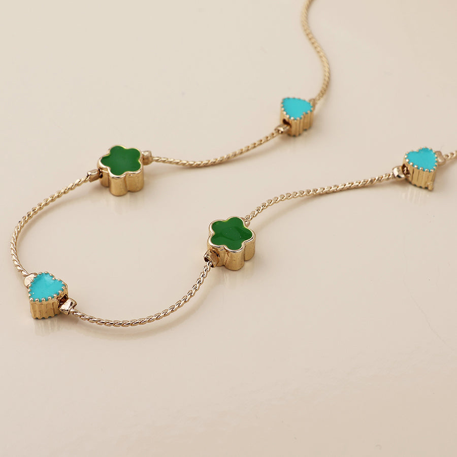 Faux Gold Green Mix Flowers Dainty Station Necklace