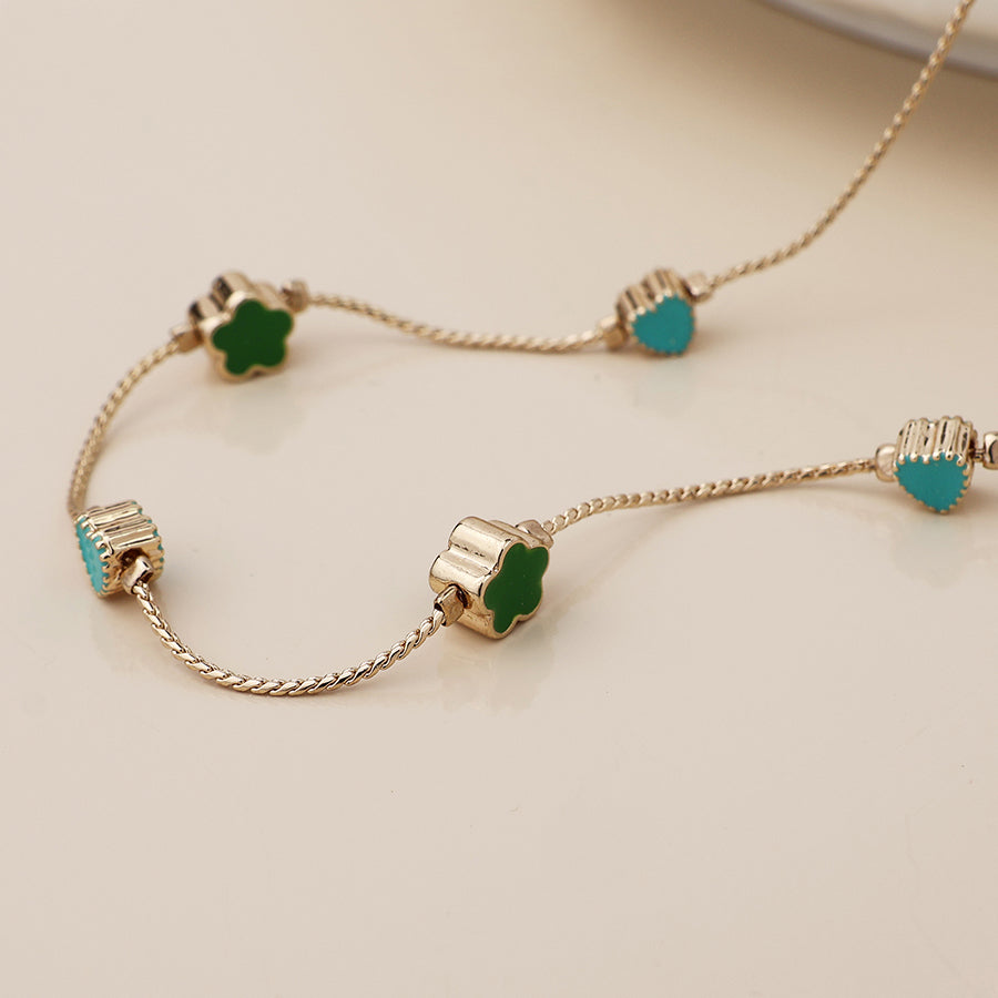 Faux Gold Green Mix Flowers Dainty Station Necklace