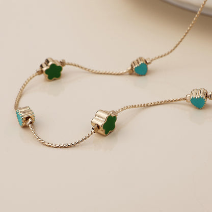 Faux Gold Green Mix Flowers Dainty Station Necklace