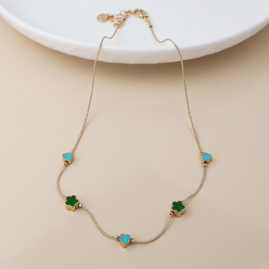 Faux Gold Green Mix Flowers Dainty Station Necklace