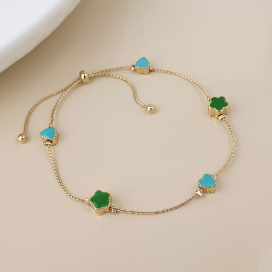 Faux Gold Green Mix Flowers Dainty Station Bracelet with Slider Fastening