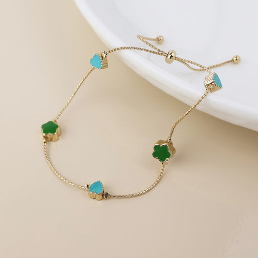 Faux Gold Green Mix Flowers Dainty Station Bracelet with Slider Fastening