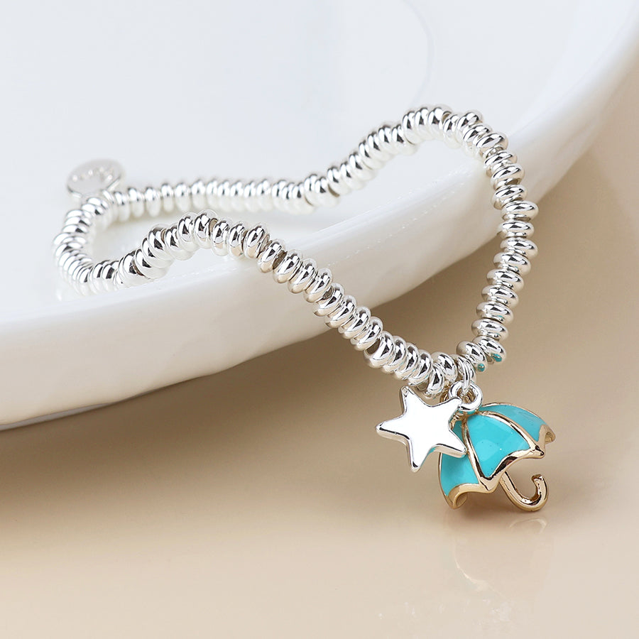 Silver Stretch Beaded Bracelet with Star and Umbrella Charms