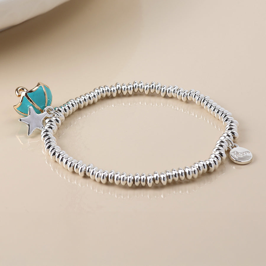 Silver Stretch Beaded Bracelet with Star and Umbrella Charms