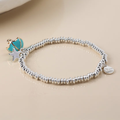 Silver Stretch Beaded Bracelet with Star and Umbrella Charms