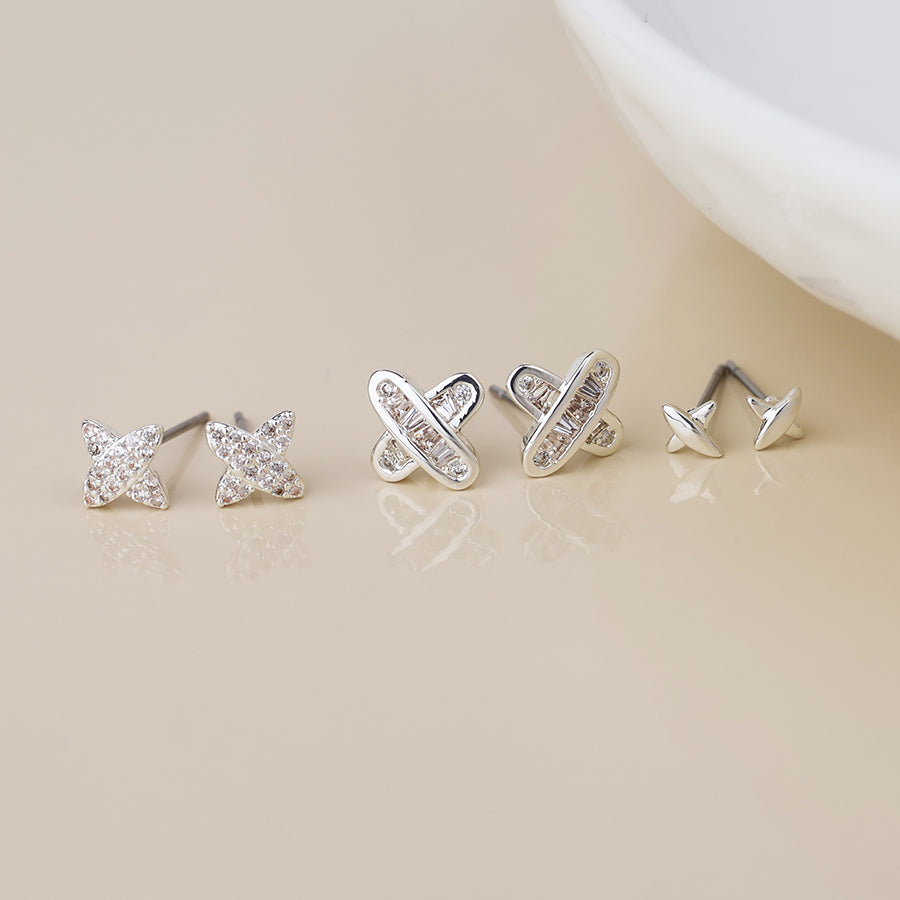 Silver Plated Crystal Flower StudsTriple Pair Pack
