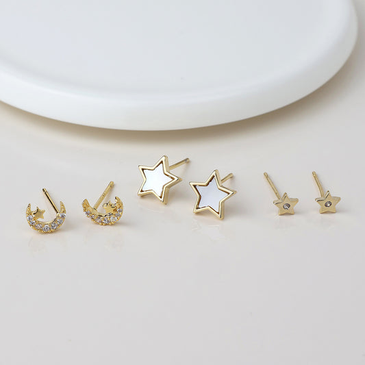 Faux Gold Plated Stars and Moons Triple Pair Stud Pack