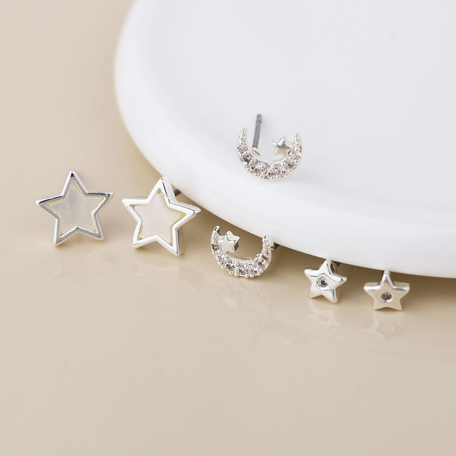 Silver Plated Stars and Moons Triple Pair Stud Pack