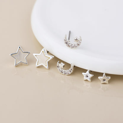 Silver Plated Stars and Moons Triple Pair Stud Pack