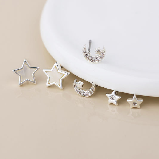 Silver Plated Stars and Moons Triple Pair Stud Pack