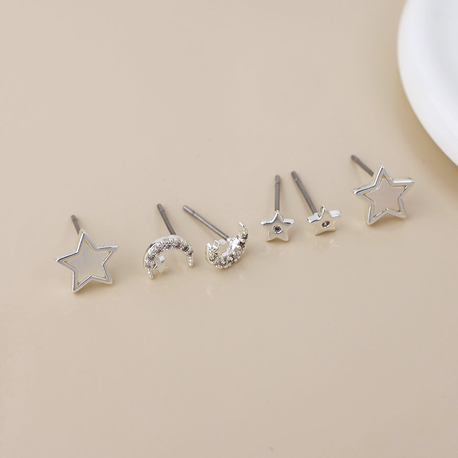 Silver Plated Stars and Moons Triple Pair Stud Pack