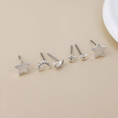 Silver Plated Stars and Moons Triple Pair Stud Pack
