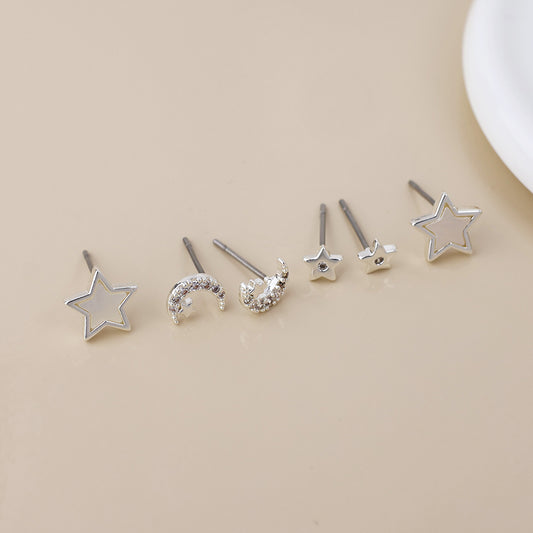 Silver Plated Stars and Moons Triple Pair Stud Pack