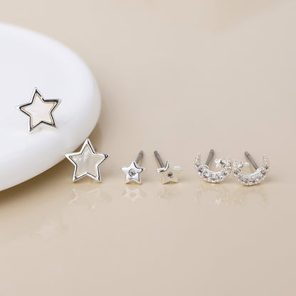 Silver Plated Stars and Moons Triple Pair Stud Pack
