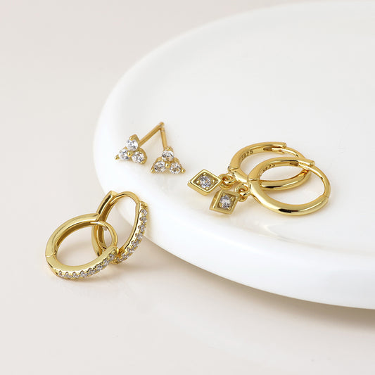 Faux Gold Tiny Crystal Stud and Hoop 3 Pair Pack