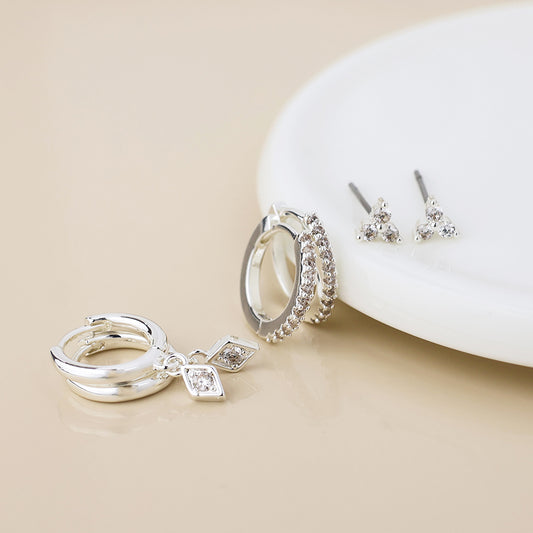 Silver Plated Tiny Crystal Stud and Hoop 3 Pair Pack