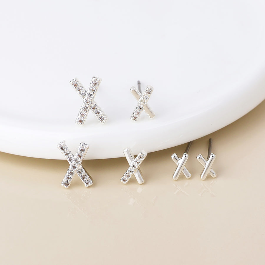Silver Plated Crystal X Kiss Triple Pair Pack Earrings