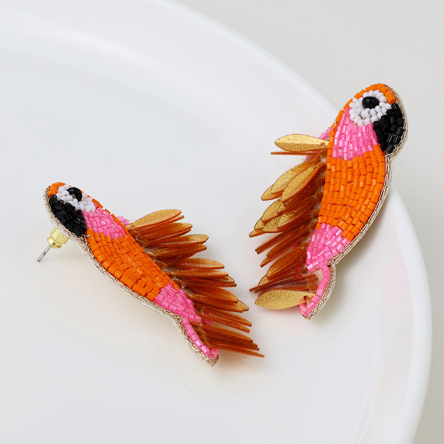 Orange Parrot Embellished Stud Drop Earrings
