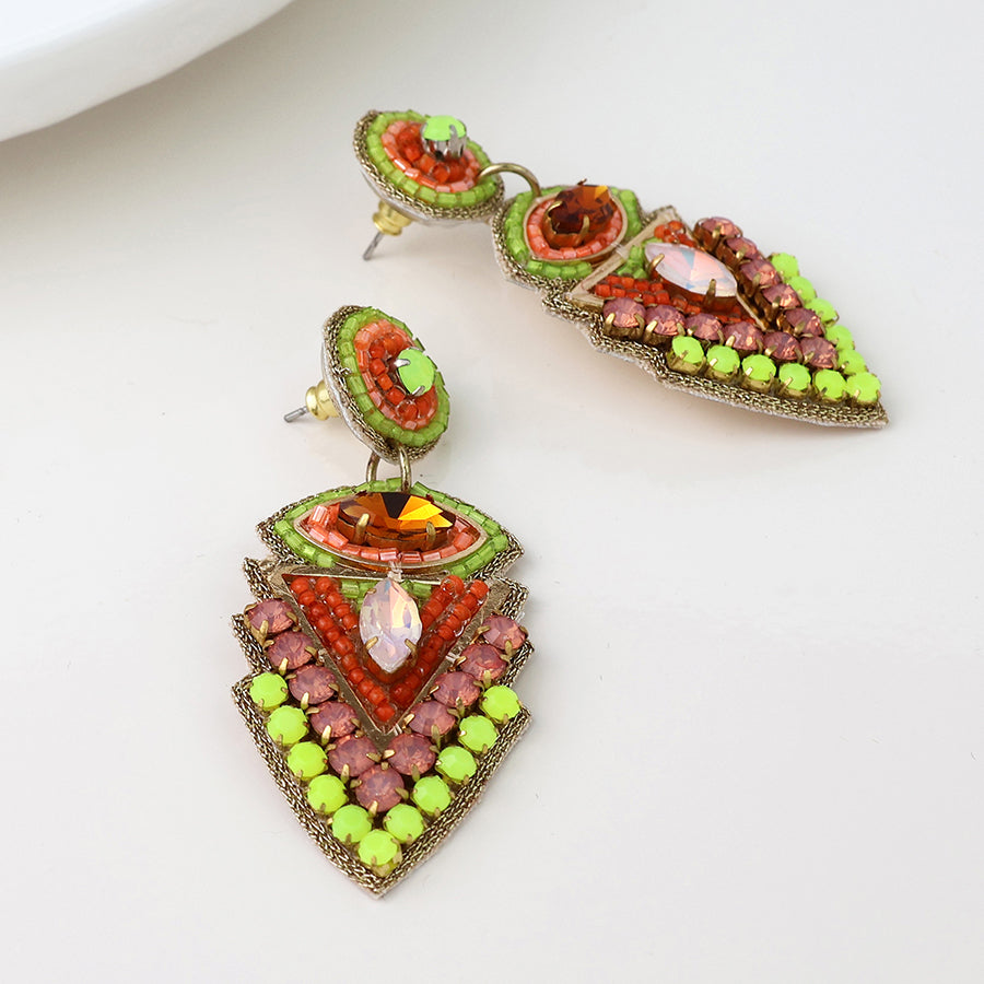 Green/Yellow Triangle Embellished Stud Drop Earrings