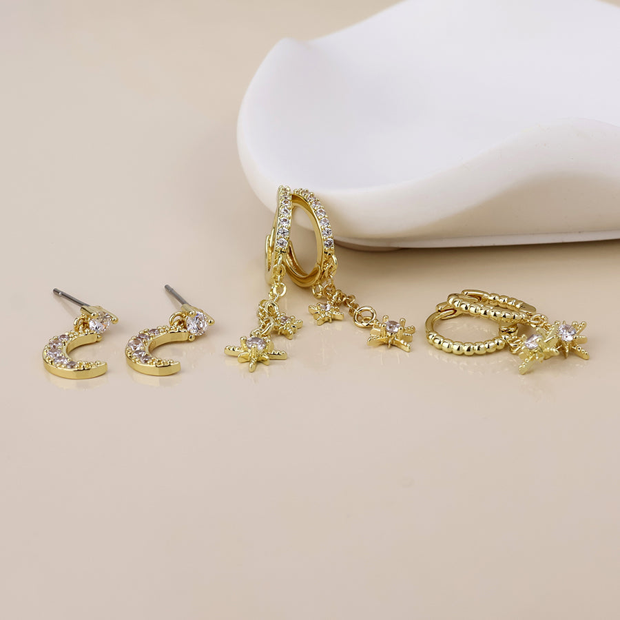 Doris Golden Triple Celestial Crystal Earrings Set