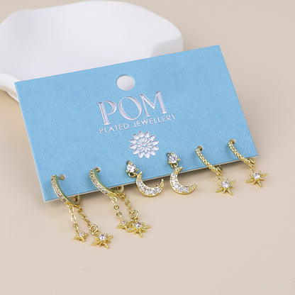 Doris Golden Triple Celestial Crystal Earrings Set
