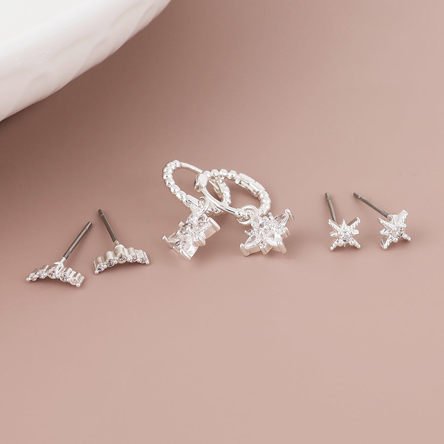 Shelby Silver Plated Twist Hoop and Crystal Triple Earring Set