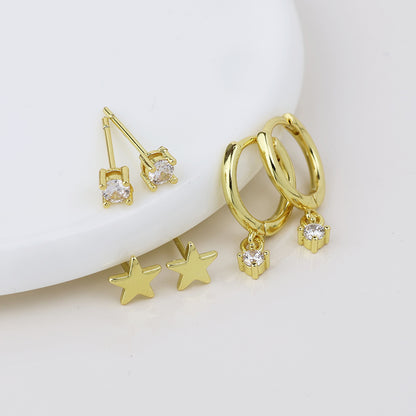 Nat Golden Star, Hoop and Crystal Triple Earrings Set