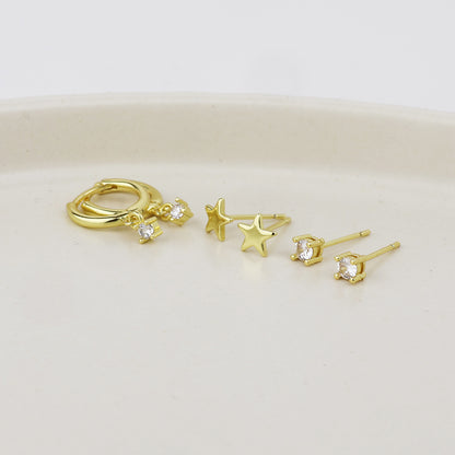 Nat Golden Star, Hoop and Crystal Triple Earrings Set