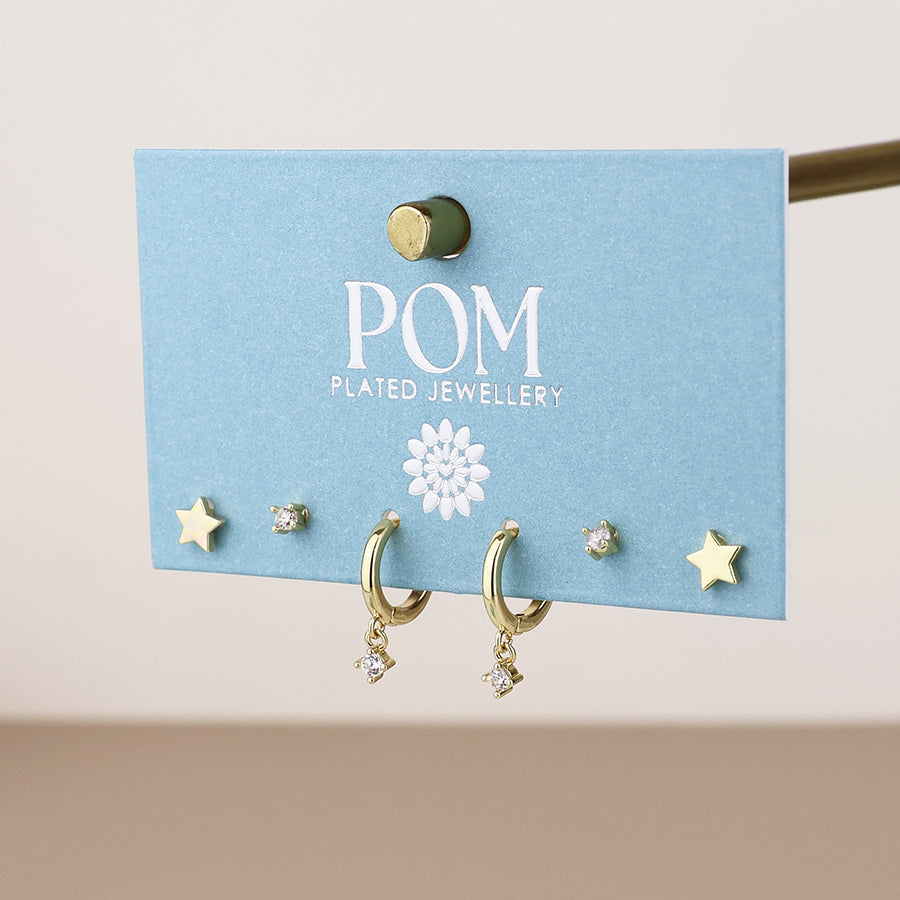 Nat Golden Star, Hoop and Crystal Triple Earrings Set