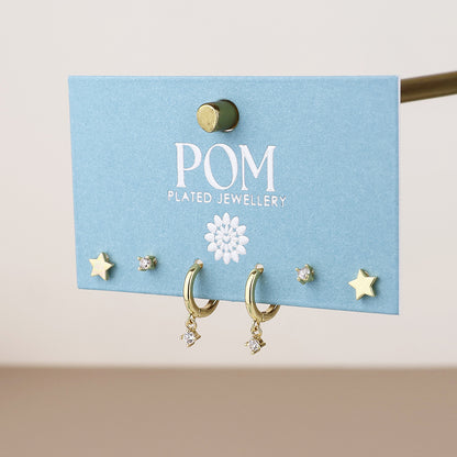 Nat Golden Star, Hoop and Crystal Triple Earrings Set