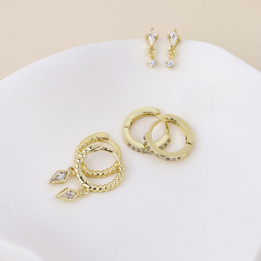 Laura Golden Crystal Polygon Drop, Stud and Hoop Earrings Set