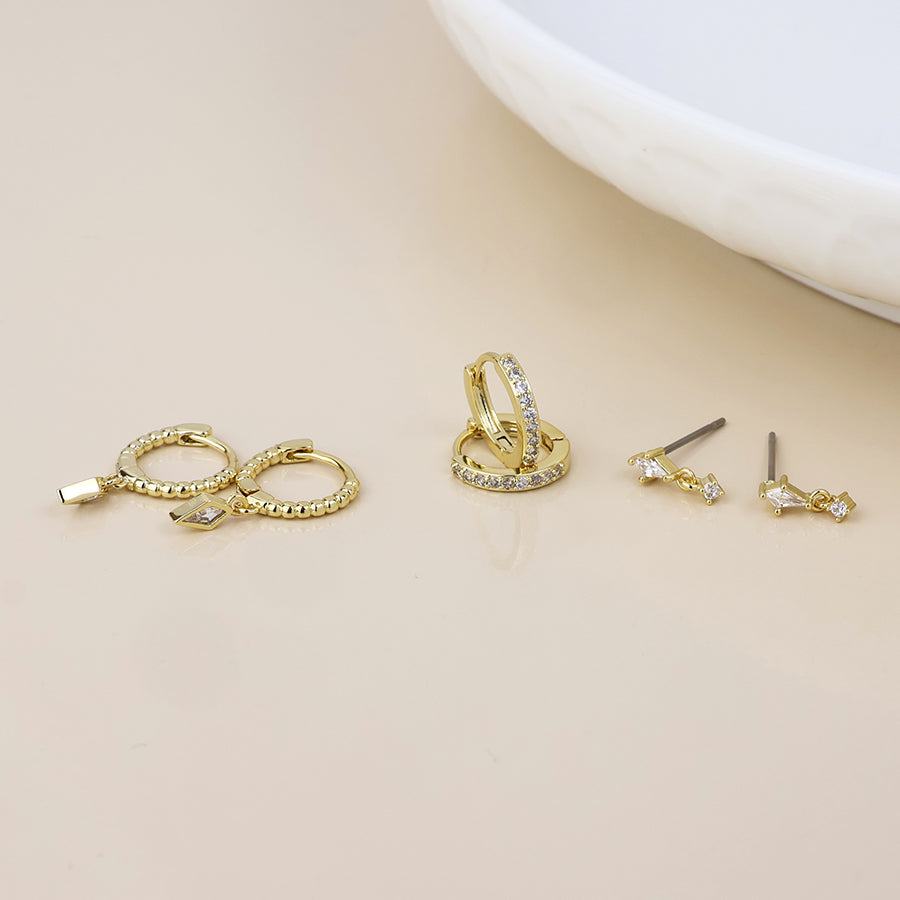Laura Golden Crystal Polygon Drop, Stud and Hoop Earrings Set