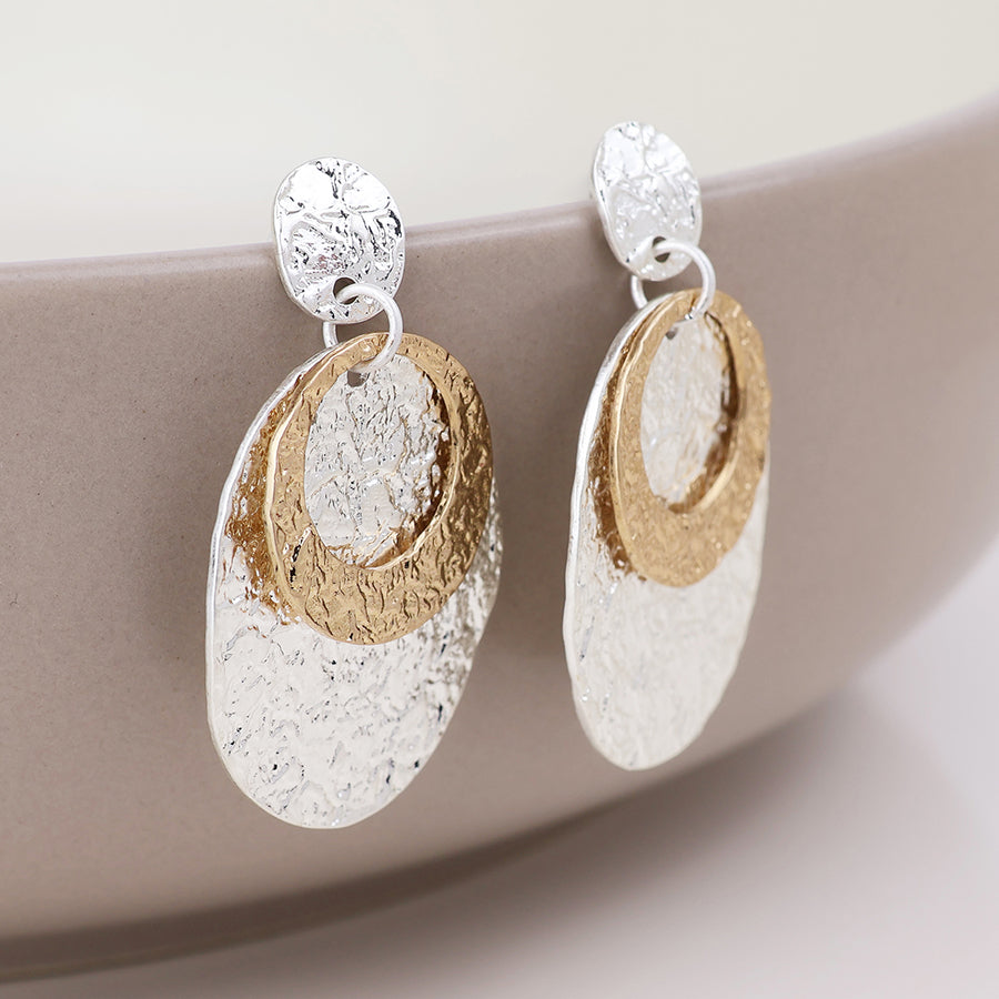 Eclipse Silver Plated Oval Foil Finish Earrings with Golden Circles