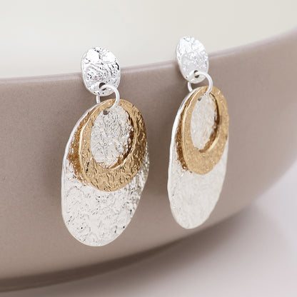 Eclipse Silver Plated Oval Foil Finish Earrings with Golden Circles
