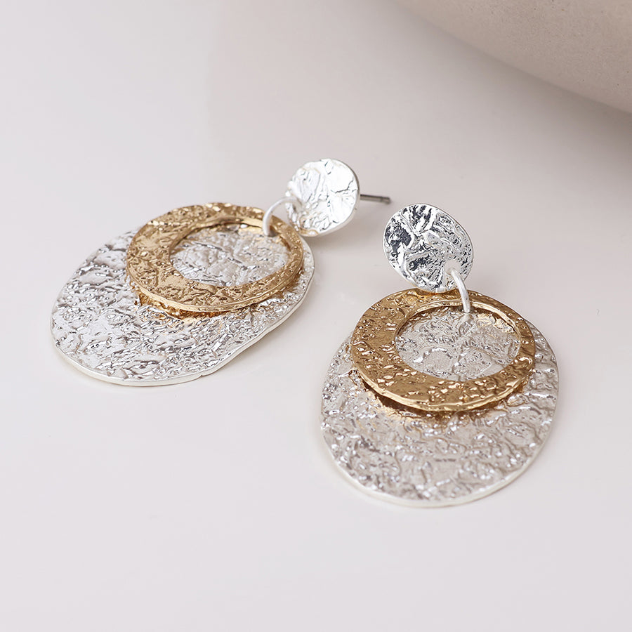 Eclipse Silver Plated Oval Foil Finish Earrings with Golden Circles