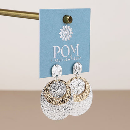 Eclipse Silver Plated Oval Foil Finish Earrings with Golden Circles