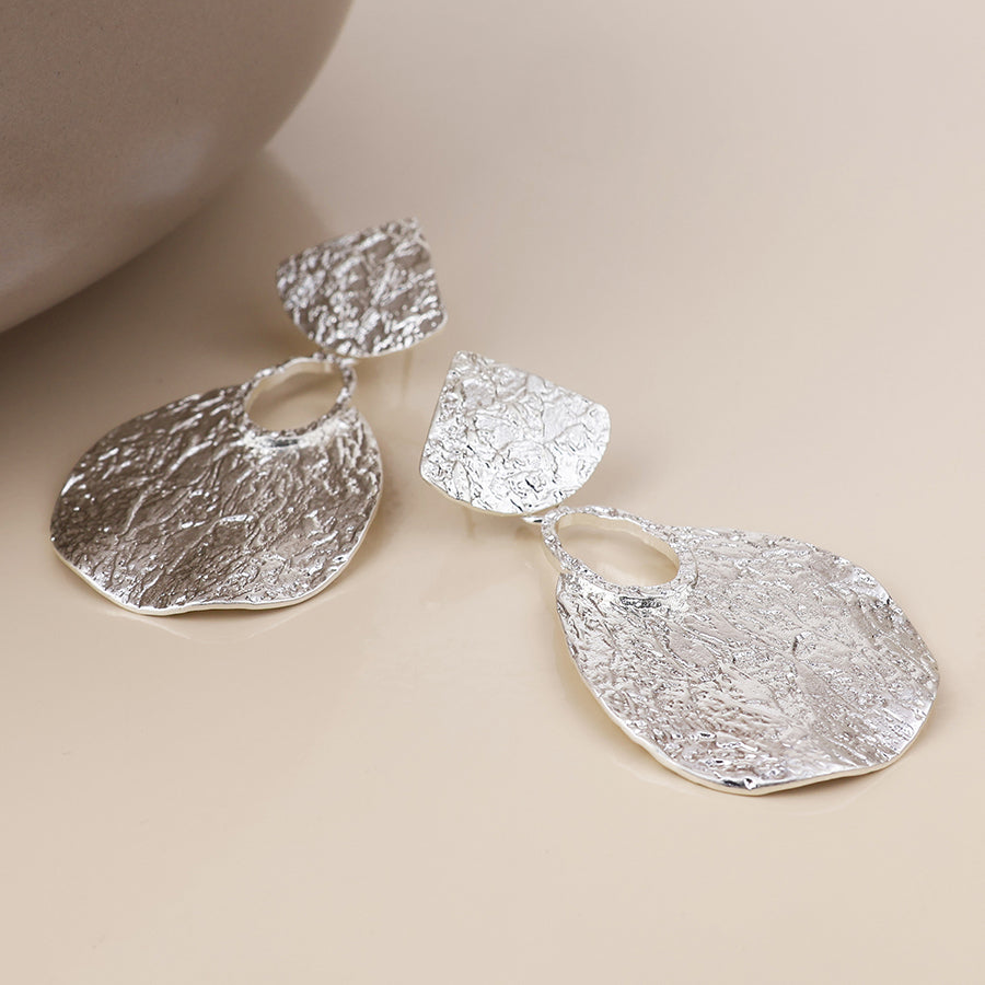 Aegean Silver Plated Worn Foil Finish Teardrop Statement Earrings