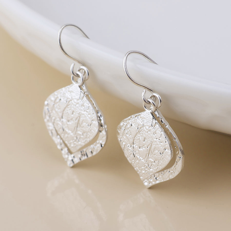 Halo Silver Plated Foil Textured Layered Leaf Drop Earrings