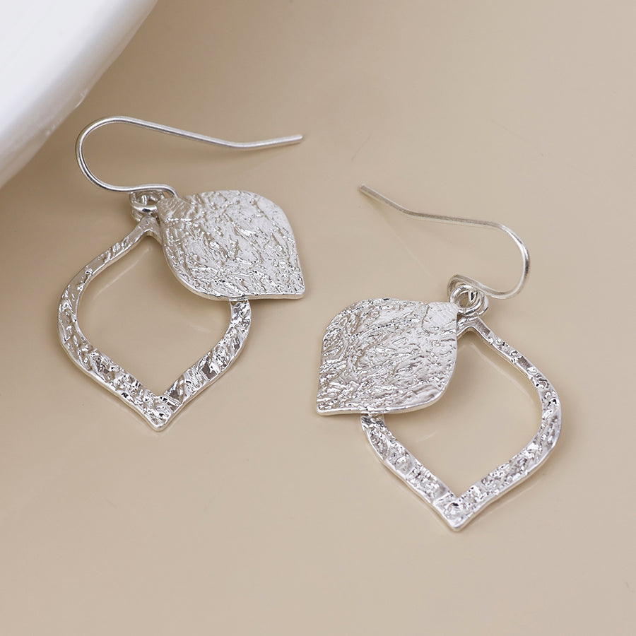 Halo Silver Plated Foil Textured Layered Leaf Drop Earrings