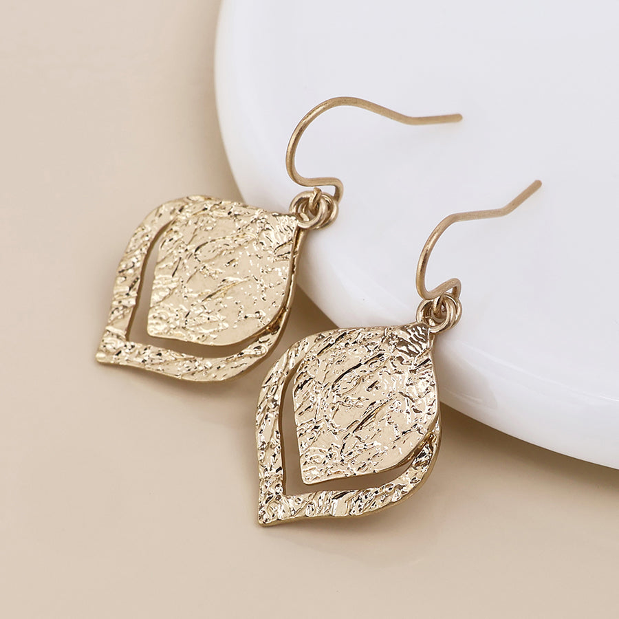 Halo Golden Foil Textured Layered Leaf Drop Earrings