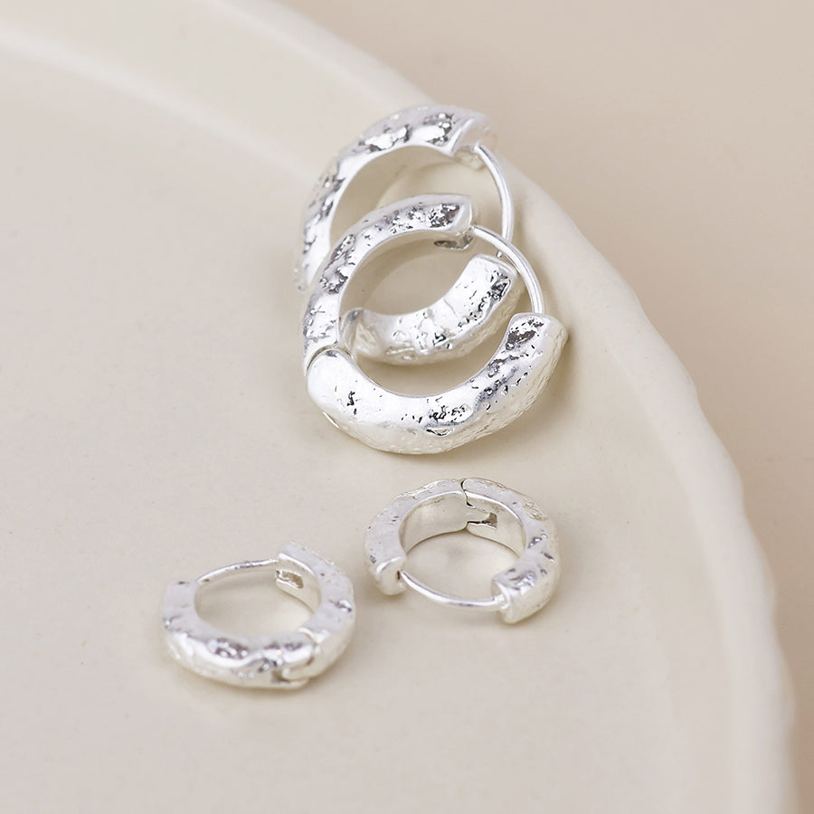 Molten Silver Plated Worn Textured Huggie Hoop Duo